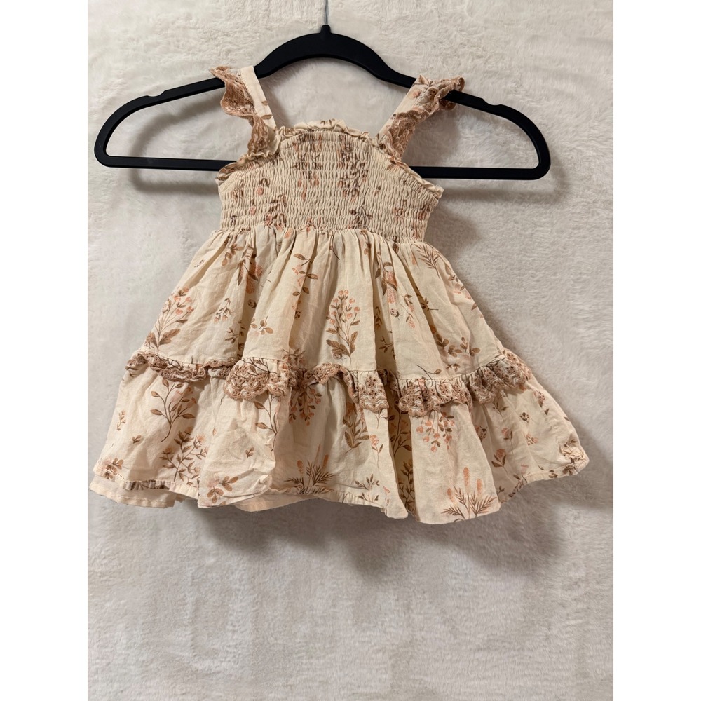 Haute Hippie Kids Floral Smocked Tiered Sun Dress Cream Tan Lace Trim 18M